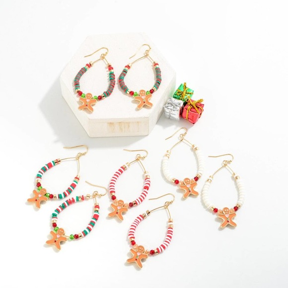 Green Red Heishi Beaded Teardrop Earrings With Gingerbread Man Charm - Picture 3 of 3